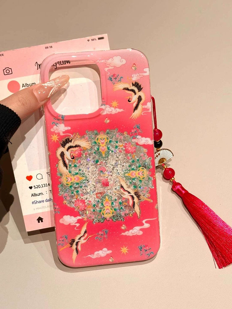 Chinese Style Red Background Auspicious Cloud Gourd Crane Translucent Aesthetic Mobile Phone Case with Fringed Mobile Phone Chain Suitable for iPhone16 iPhone15 iPhone14 iPhone13