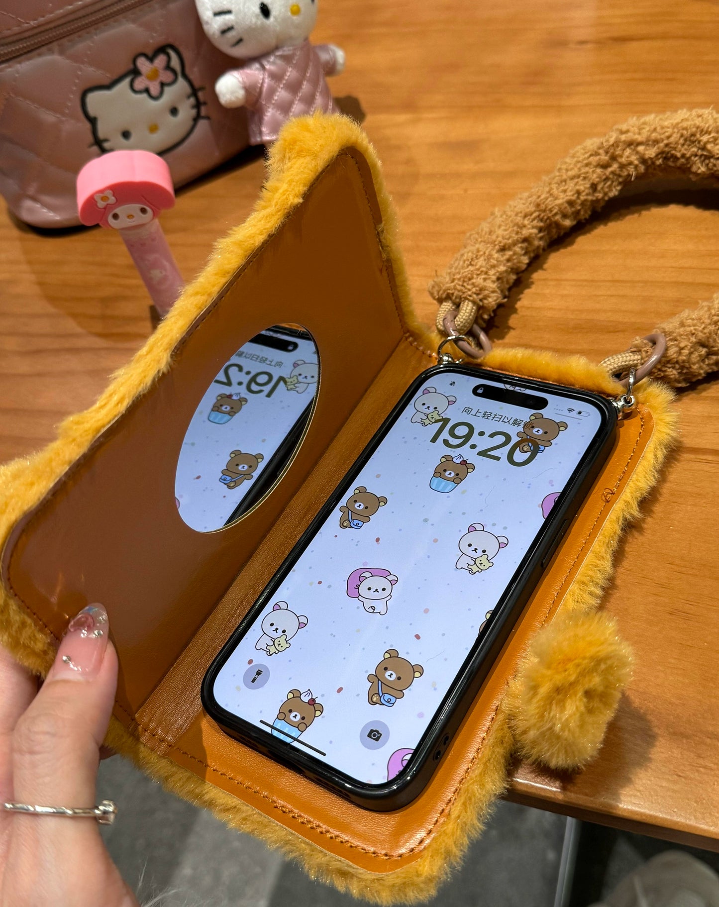 Plush Flip Brown Pink Bear Mirror Phone Case with Wrist Lanyard Pendant Suitable for iPhone16 iPhone15 iPhone14 iPhone13