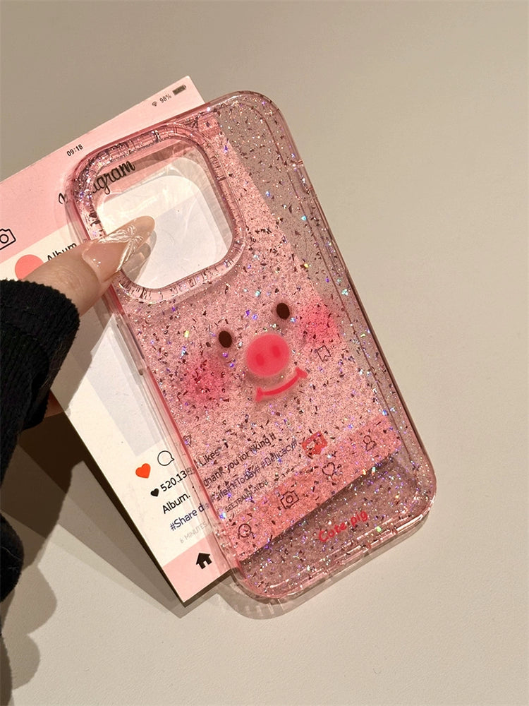 Cute Transparent Pink Sequined Piggy Emoji Phone Case with Lanyard Suitable for iPhone16 iPhone15 iPhone14 iPhone13