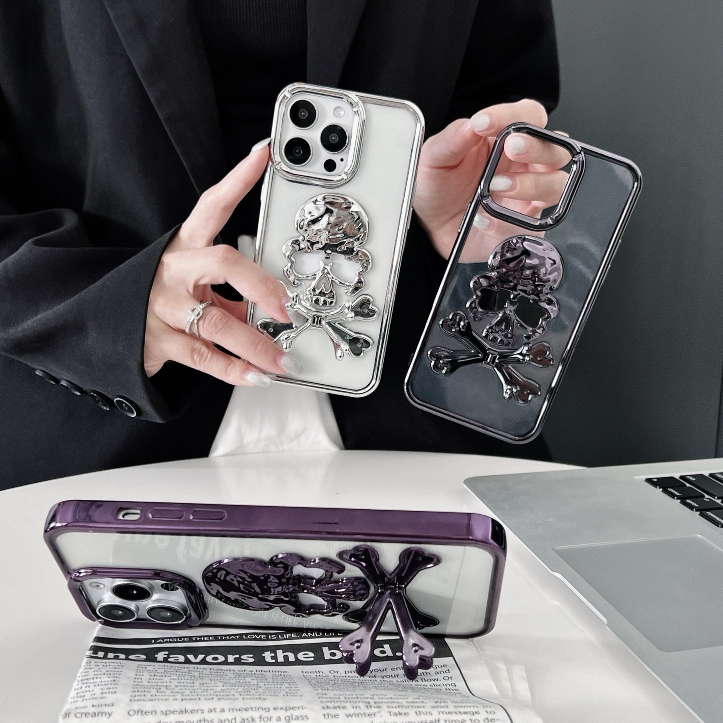 Electroplated Matte Skull Holder Mobile Phone Case Suitable for iPhone16 iPhone15 iPhone14 iPhone13