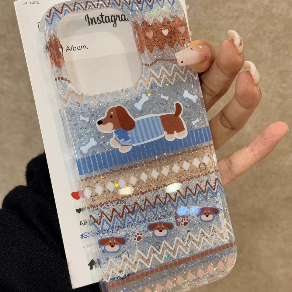 Translucent Blue Glitter Striped Puppy Cute Phone Case with Phone Chain Pendant Suitable for iPhone16 iPhone15 iPhone14 iPhone13