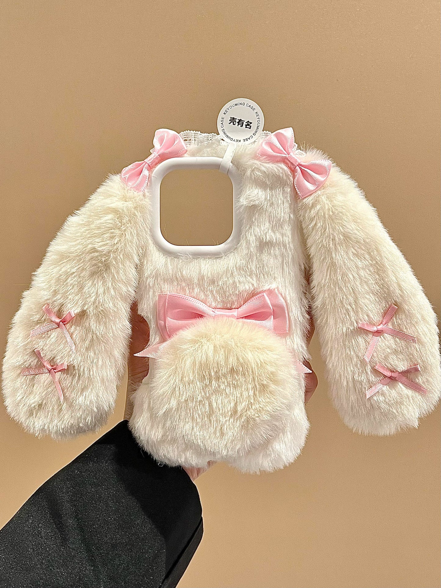 Cute Plush Big-eared Rabbit Three-dimensional Bow Phone Case Suitable for iPhone16 iPhone15 iPhone14 iPhone13