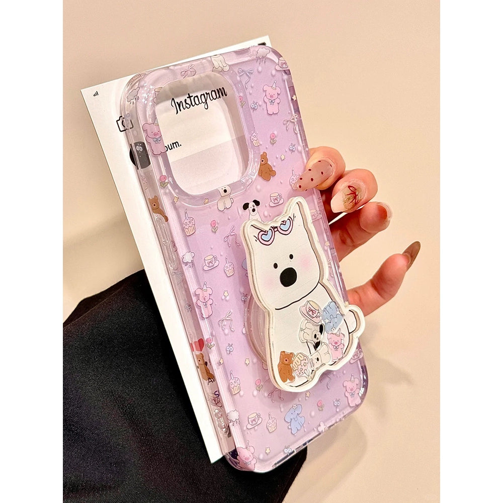 Cute Purple Bottom Small Animal Dog Bracket Aesthetic Mobile Phone Case Suitable for iPhone16 iPhone15 iPhone14 iPhone13