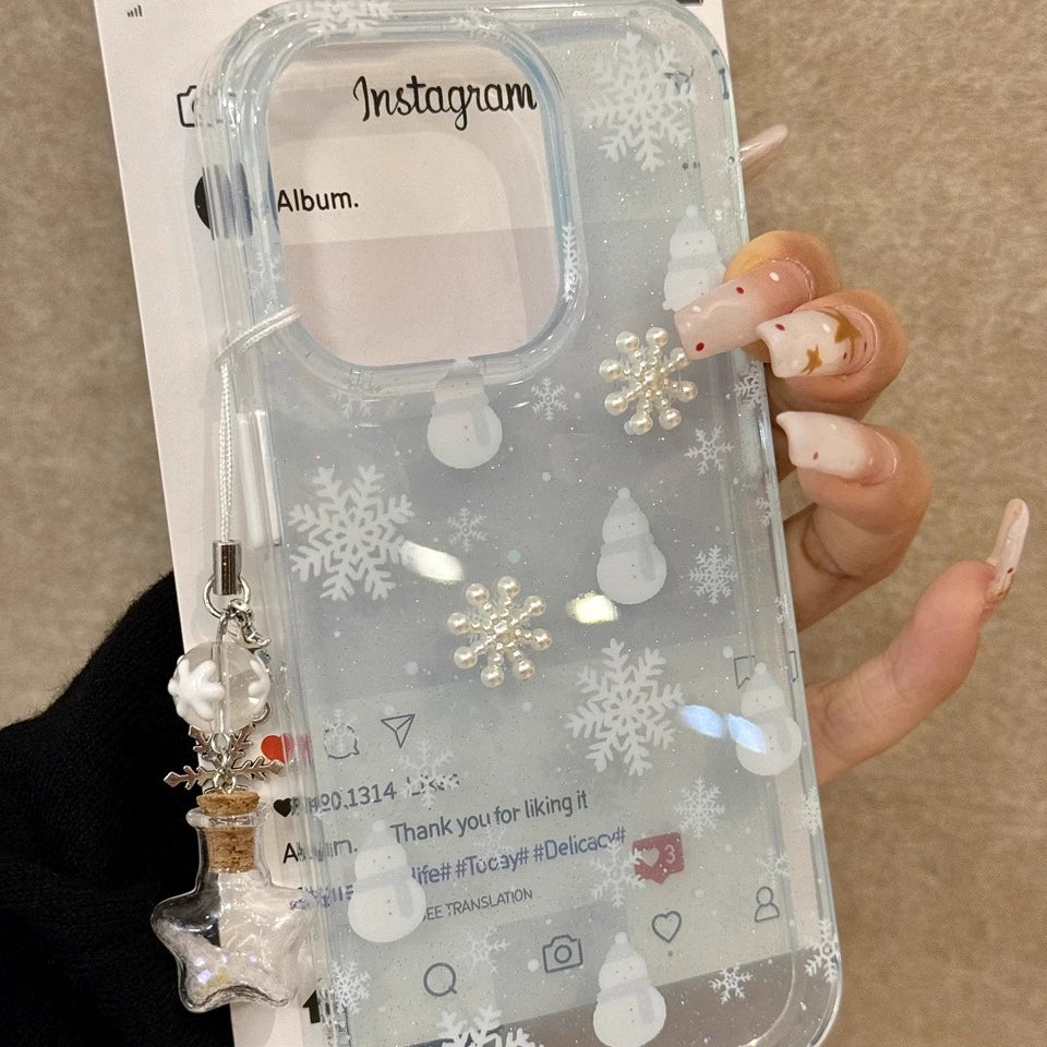 Winter Translucent Snowman Snowflake Clean Aesthetic Mobile Phone Case with Mobile Phone Chain Pendant Suitable for iPhone16 iPhone15 iPhone14 iPhone13