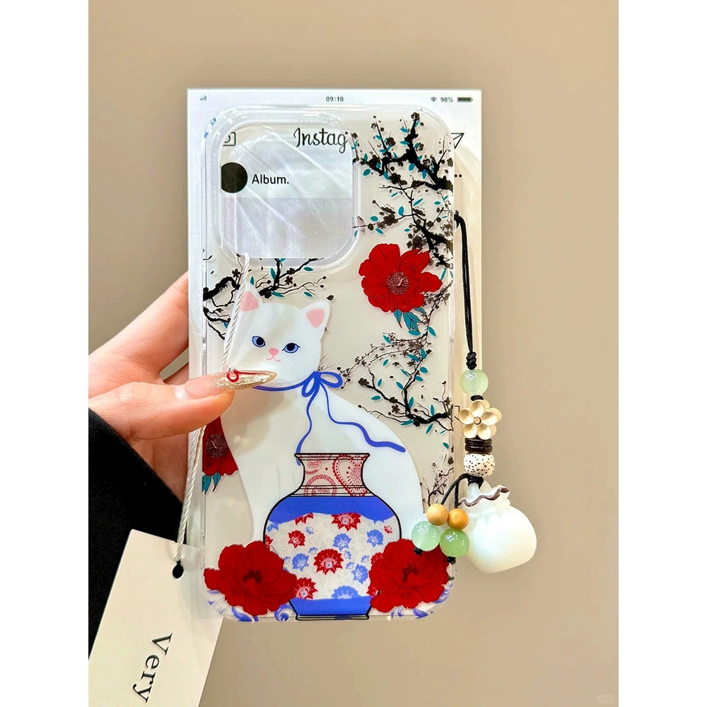 Red Flower Porcelain Vase Cat Money Bag Pendant Cute Aesthetic Phone Case Suitable for iPhone16 iPhone15 iPhone14 iPhone13