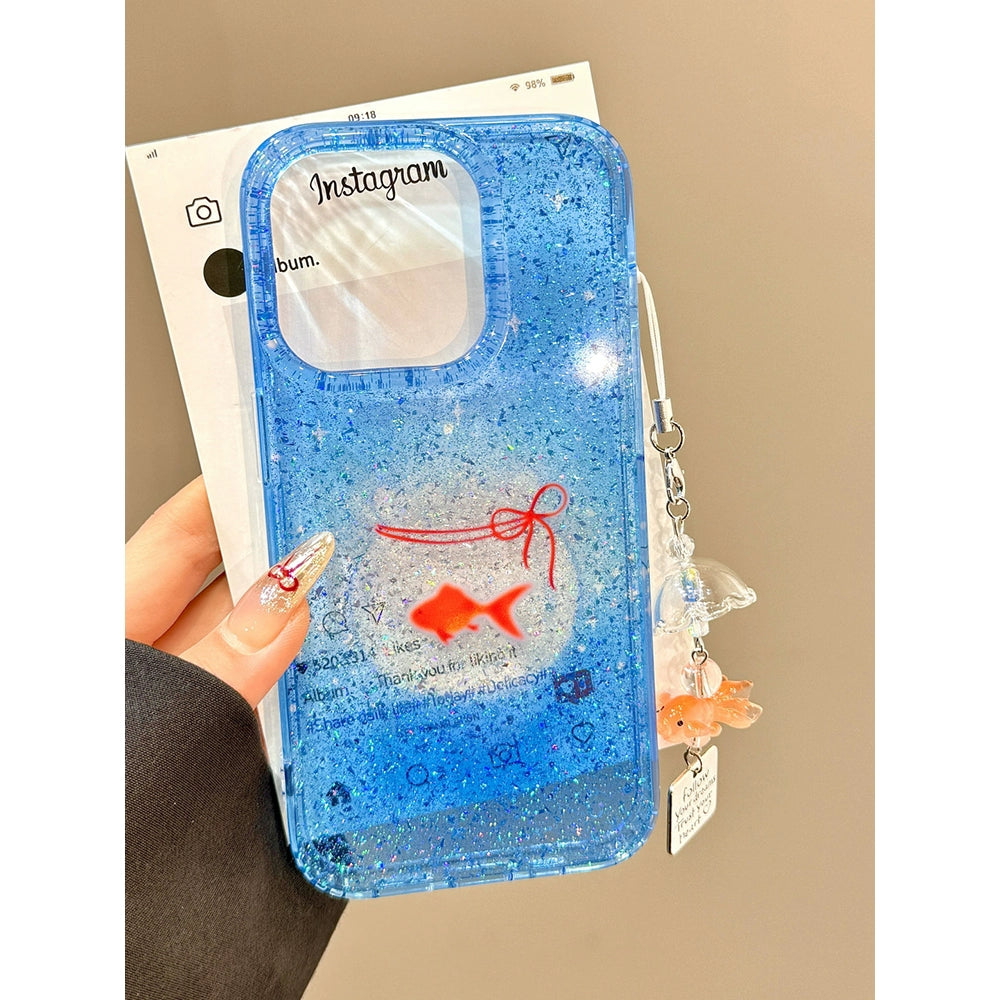 Transparent Blue Bag Fish Tank Goldfish Glitter Aesthetic Lucky Mobile Phone Case with Mobile Phone Chain Pendant Suitable for iPhone16 iPhone15 iPhone14 iPhone13