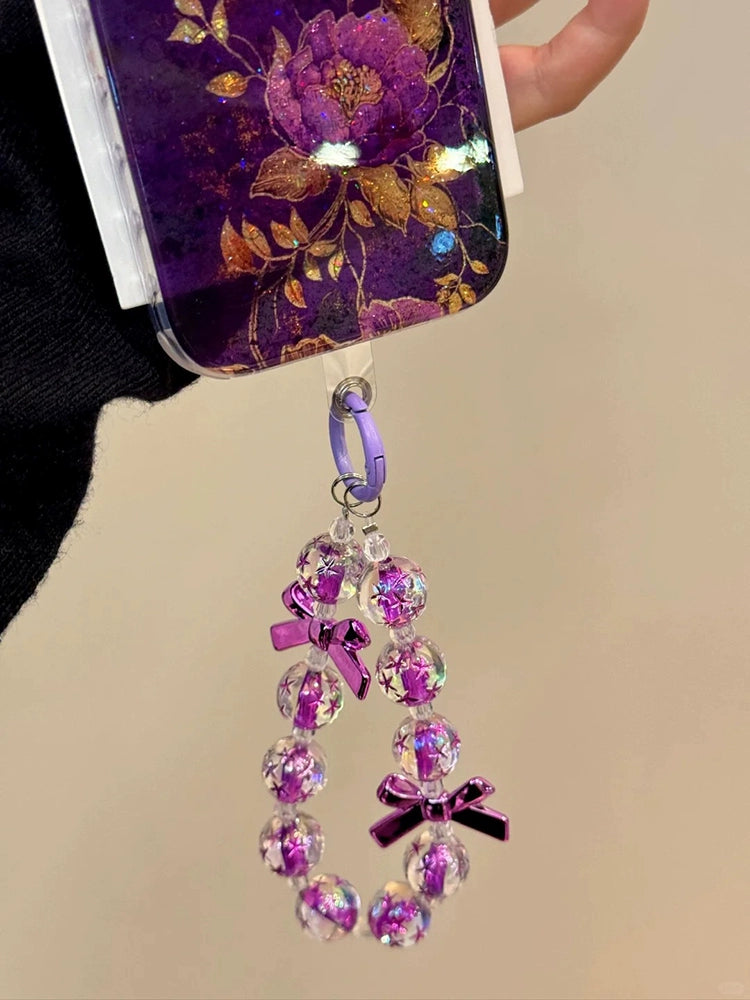 Transparent Purple Golden Peony Purple Bead Chain Aesthetic Mobile Phone Case with Mobile Phone Chain Pendant Suitable for iPhone16 iPhone15 iPhone14 iPhone13