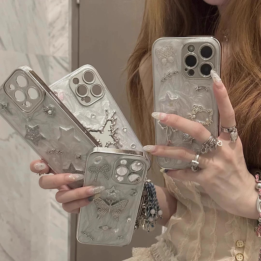 Electroplated Diamond-encrusted Butterfly Star Cat Mirror Silver Aesthetic Phone Case Suitable for iPhone16 iPhone15 iPhone14 iPhone13