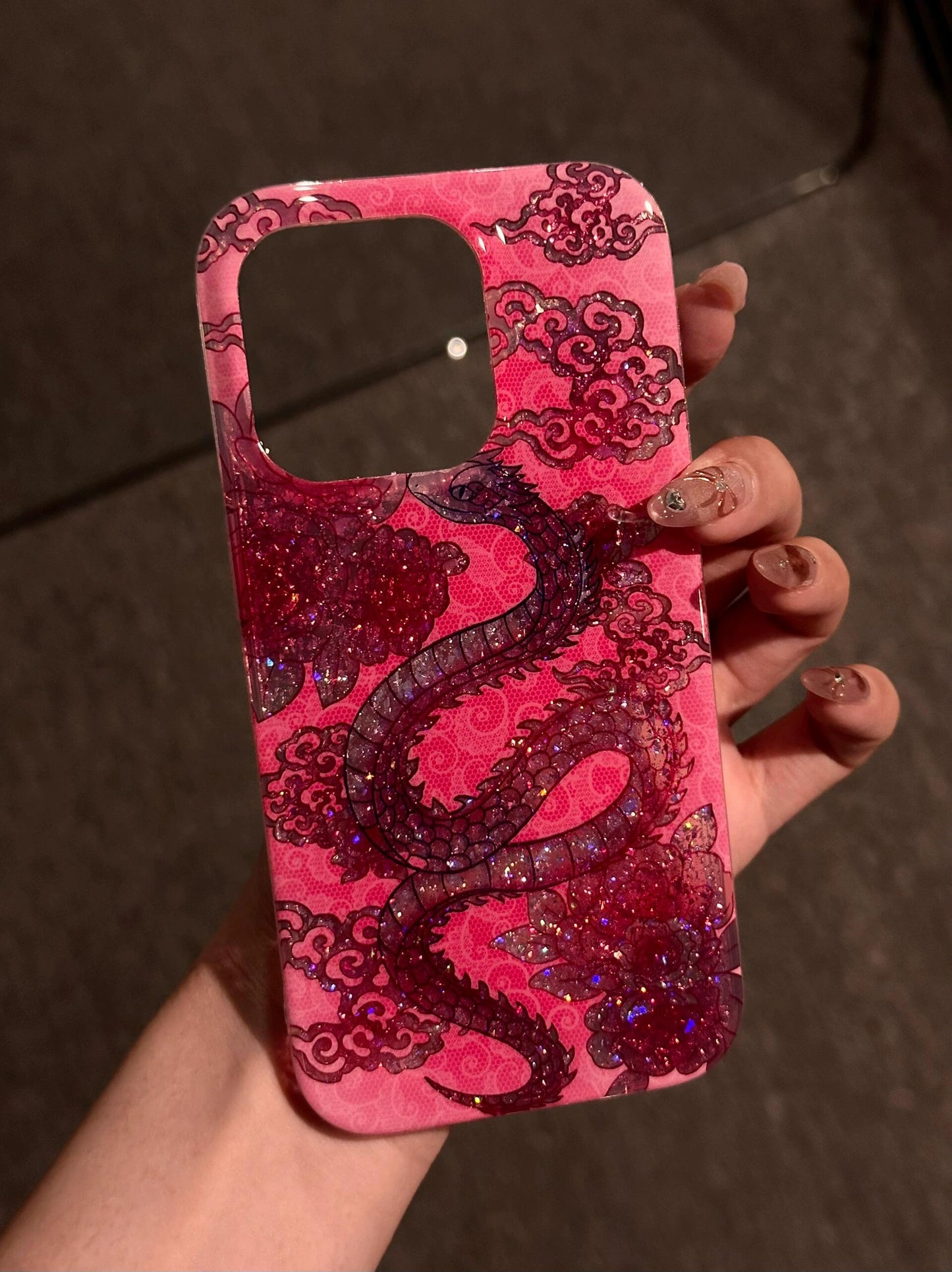 Rose Pink Background Glitter, Cloud Snake Glitter, Double-layer Aesthetic Mobile Phone Case Suitable for iPhone16 iPhone15 iPhone14 iPhone13