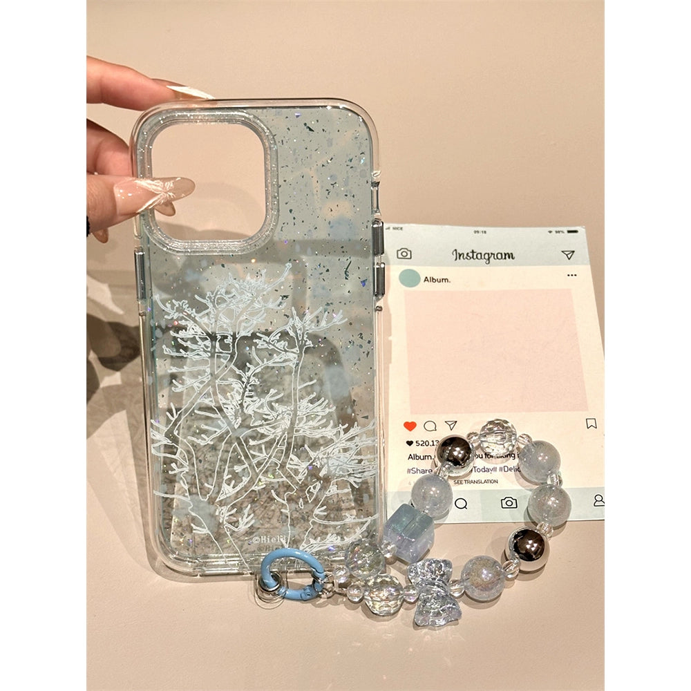 Gradual Change Blue Glitter Lines Small Tree Aesthetics Mobile Phone Case with Mobile Phone Chain Pendant Suitable for iPhone16 iPhone15 iPhone14 iPhone13