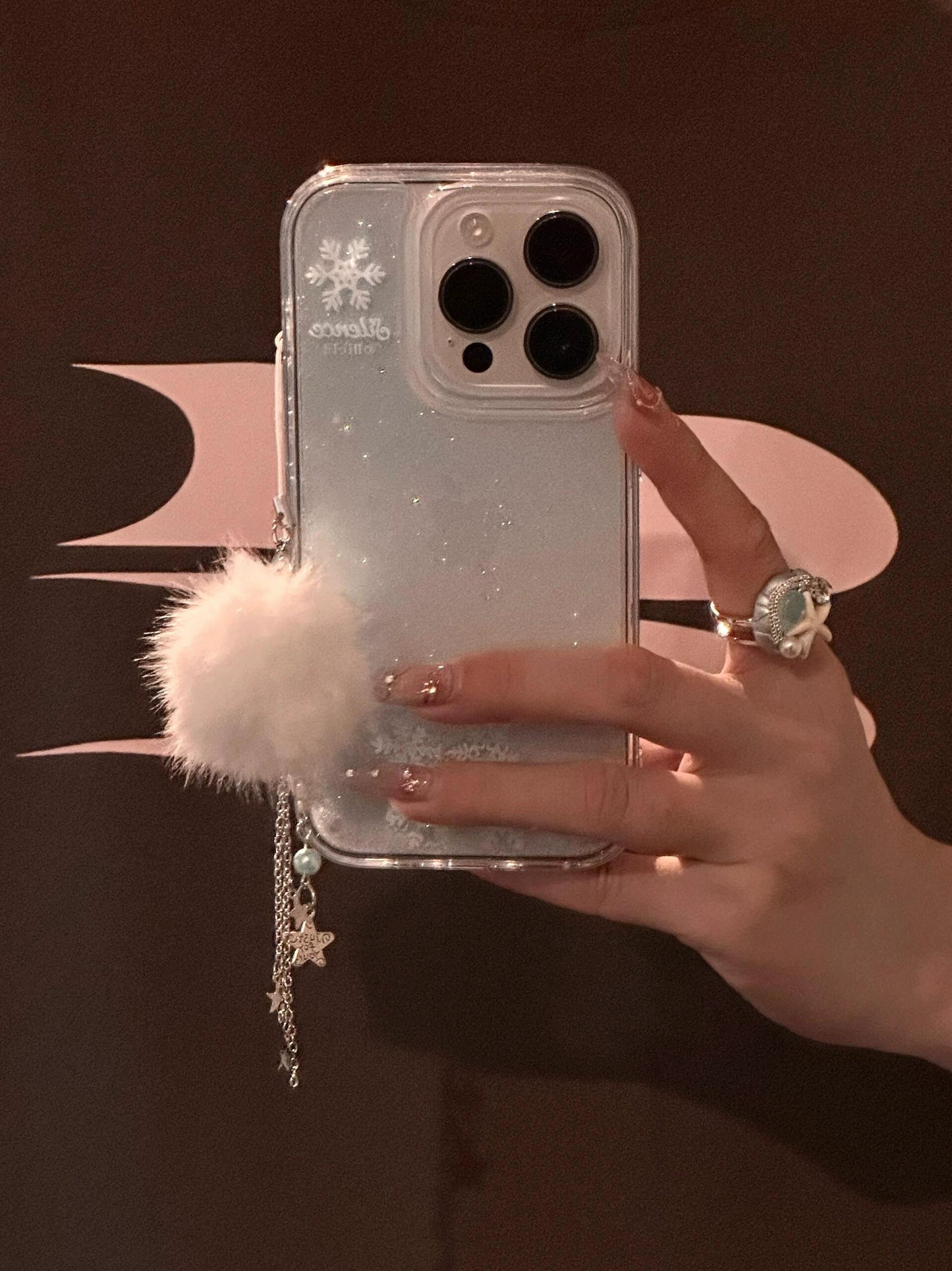 Green Glitter Snowflake Quicksand Transparent Aesthetic Mobile Phone Case with Mobile Phone Chain Hairball Pendant Suitable for iPhone16 iPhone15 iPhone14 iPhone13