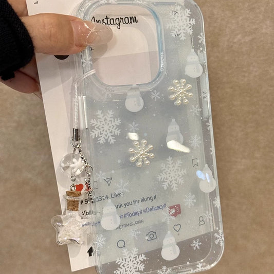 Winter Translucent Snowman Snowflake Clean Aesthetic Mobile Phone Case with Mobile Phone Chain Pendant Suitable for iPhone16 iPhone15 iPhone14 iPhone13