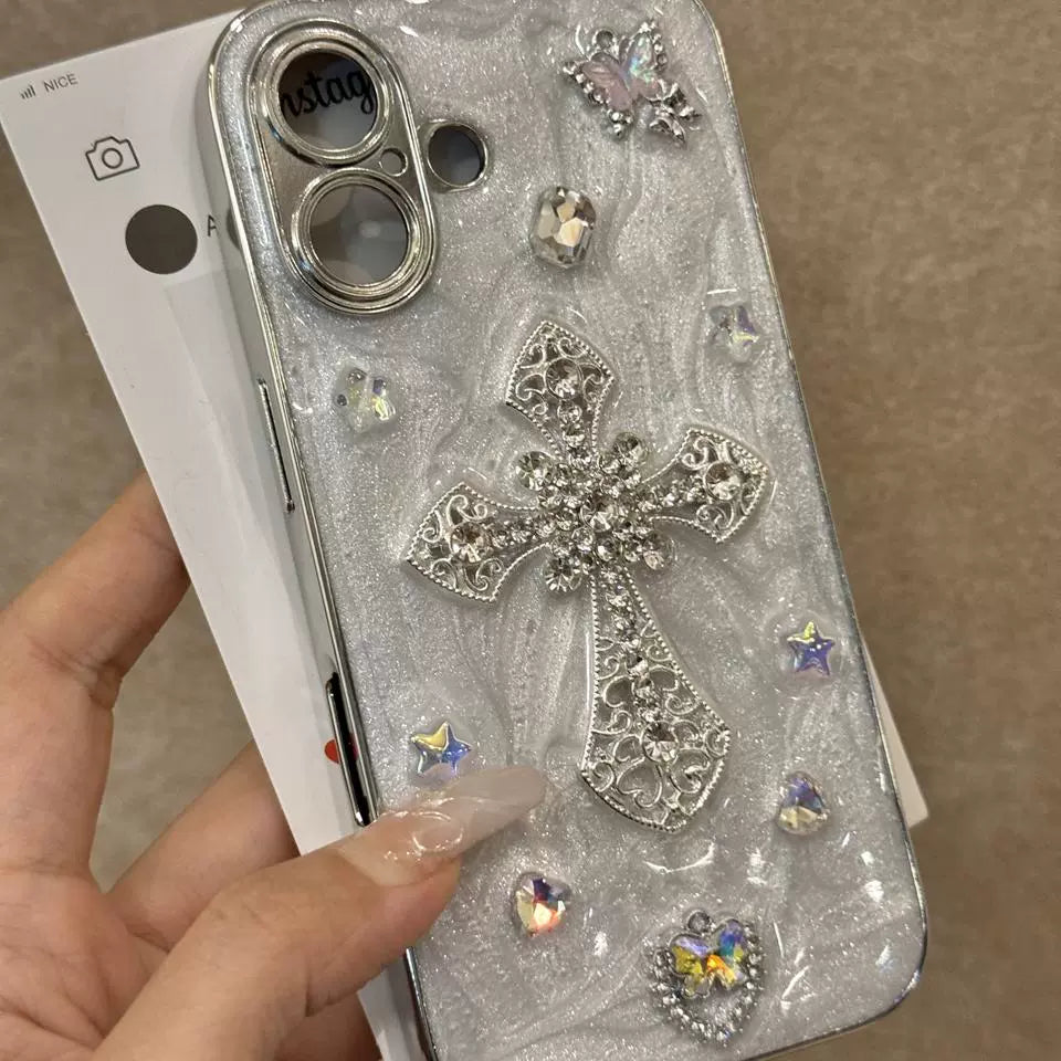 Three-dimensional Cross Diamond Shiny Aesthetic Mobile Phone Case Suitable for iPhone16 iPhone15 iPhone14 iPhone13