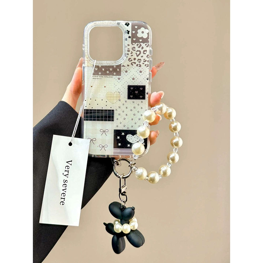 Black and White Grid Splicing Love Cute Sweet Aesthetic Mobile Phone Case with Mobile Phone Chain Pendant Suitable for iPhone16 iPhone15 iPhone14 iPhone13