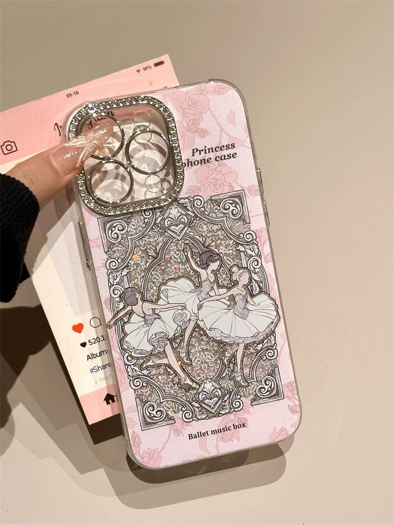 Vintage Glitter Snake Pink Floral Ballet Girl Aesthetic Phone Case Suitable for iPhone16 iPhone15 iPhone14 iPhone13