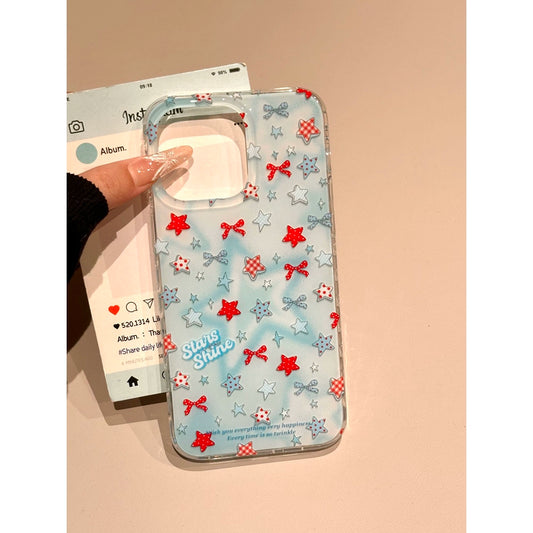 Blue Bottom Bow Star Cute Phone Case Suitable for iPhone16 iPhone15 iPhone14 iPhone13