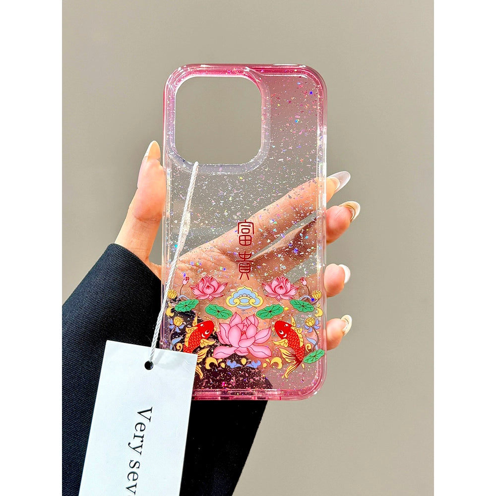 Sequined Double-layer Rich Lotus Koi Transparent Mobile Phone Case Suitable for iPhone16 iPhone15 iPhone14 iPhone13