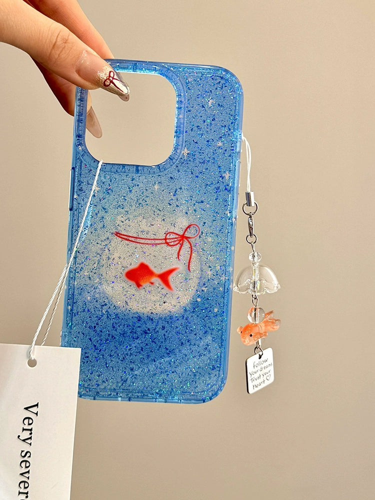 Transparent Blue Bag Fish Tank Goldfish Glitter Aesthetic Lucky Mobile Phone Case with Mobile Phone Chain Pendant Suitable for iPhone16 iPhone15 iPhone14 iPhone13