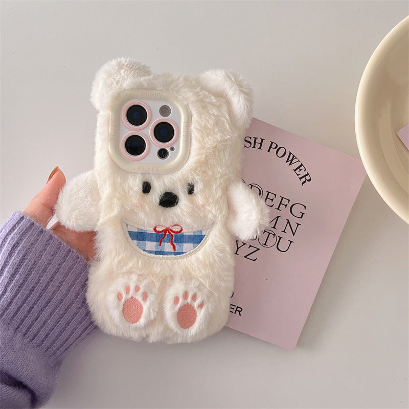 Plush Cute Scarf Puppy Cartoon Phone Case Suitable for iPhone16 iPhone15 iPhone14 iPhone13