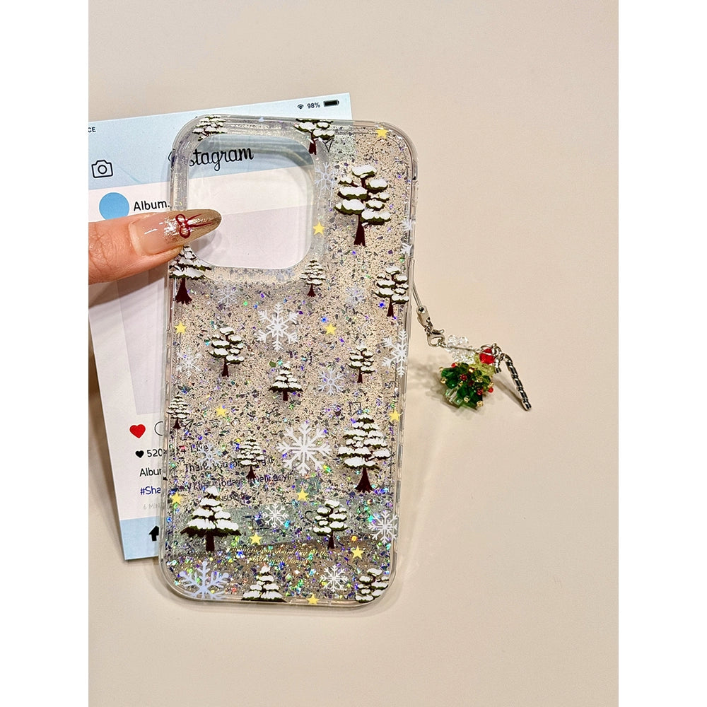 Winter Atmosphere Glitter Powder Snowflake Pine Transparent Mobile Phone Case with Pendant Suitable for iPhone16 iPhone15 iPhone14 iPhone13