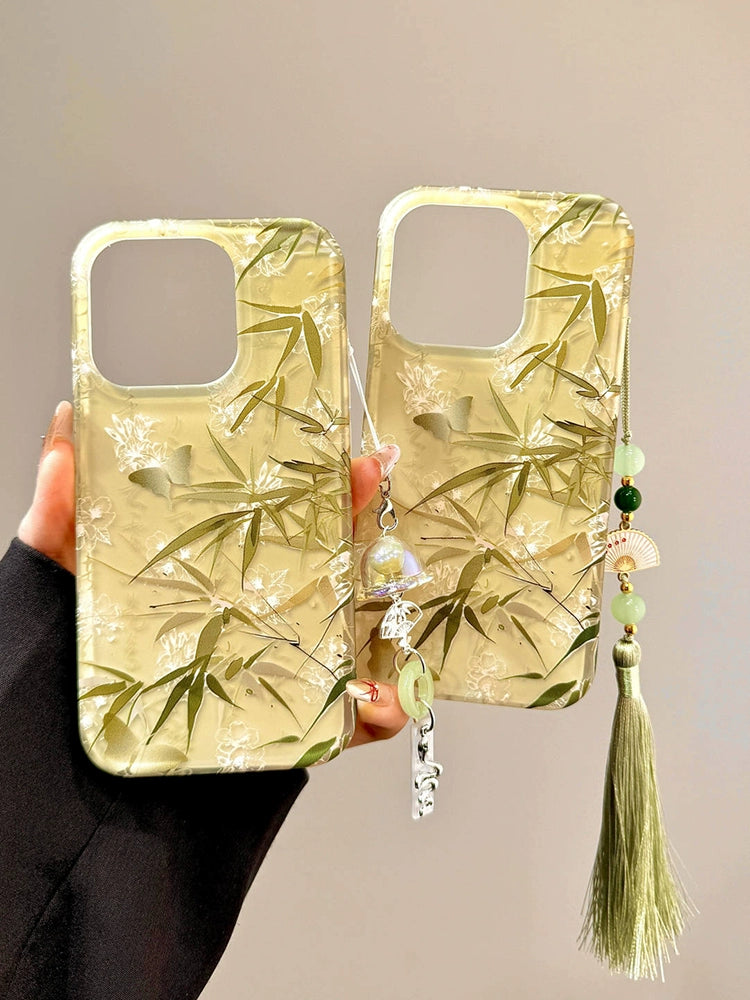 Chinese Style Antique Green Bamboo Butterfly Fringed Pendant Mobile Phone Case Suitable for iPhone16 iPhone15 iPhone14 iPhone13