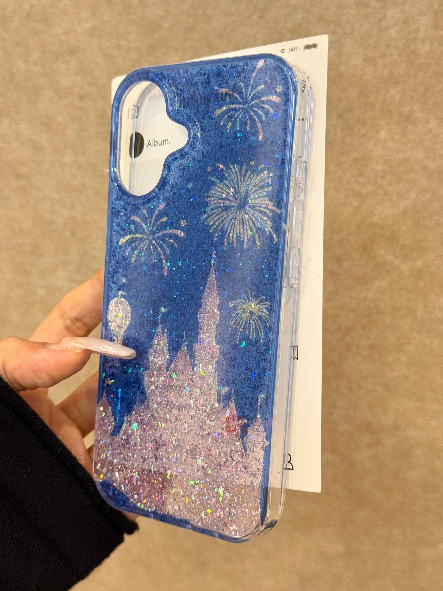 Translucent Blue Glitter Fireworks Pink Castle Aesthetic Phone Case Suitable for iPhone16 iPhone15 iPhone14 iPhone13