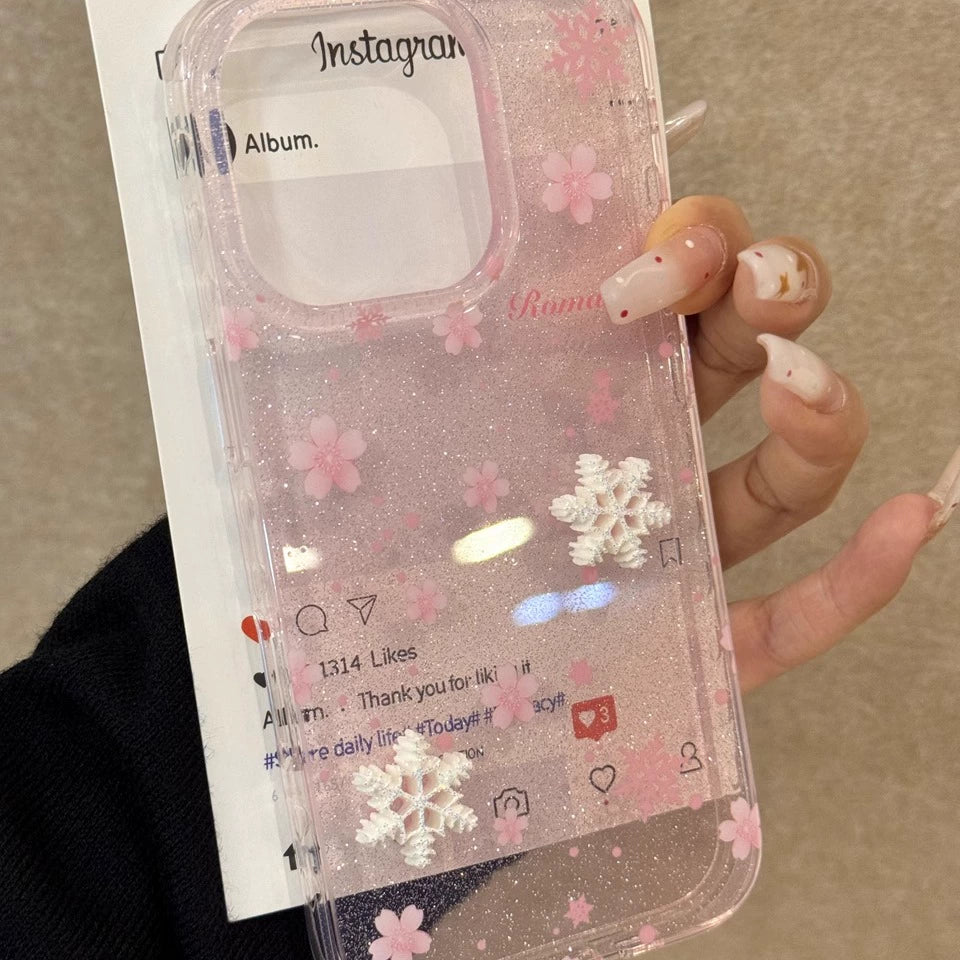 Beautiful Translucent Pink Glitter Snowflake Cherry Blossom Dream Aesthetic Mobile Phone Case Suitable for iPhone16 iPhone15 iPhone14 iPhone13