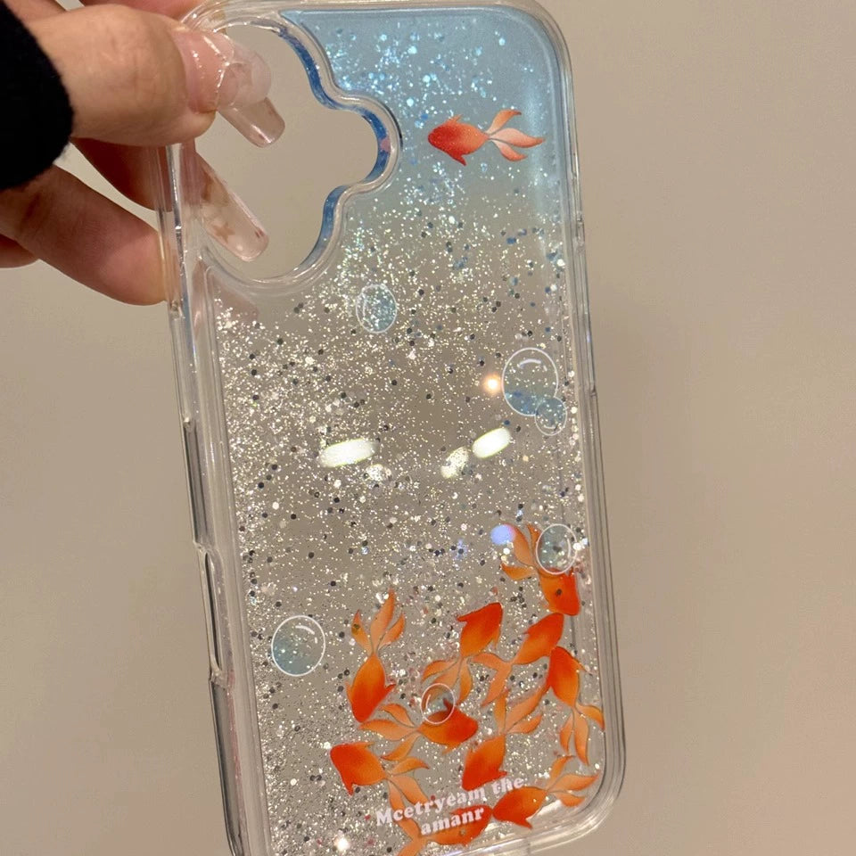 Transparent Quicksand Small Koi Flowable Aesthetic Mobile Phone Case Suitable for iPhone16 iPhone15 iPhone14 iPhone13