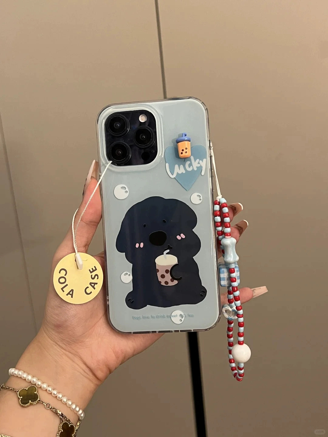 Dog Drinking Milk Tea Illustration Hollow Cute Mobile Phone Case with Mobile Phone Chain Pendant Suitable for iPhone16 iPhone15 iPhone14 iPhone13