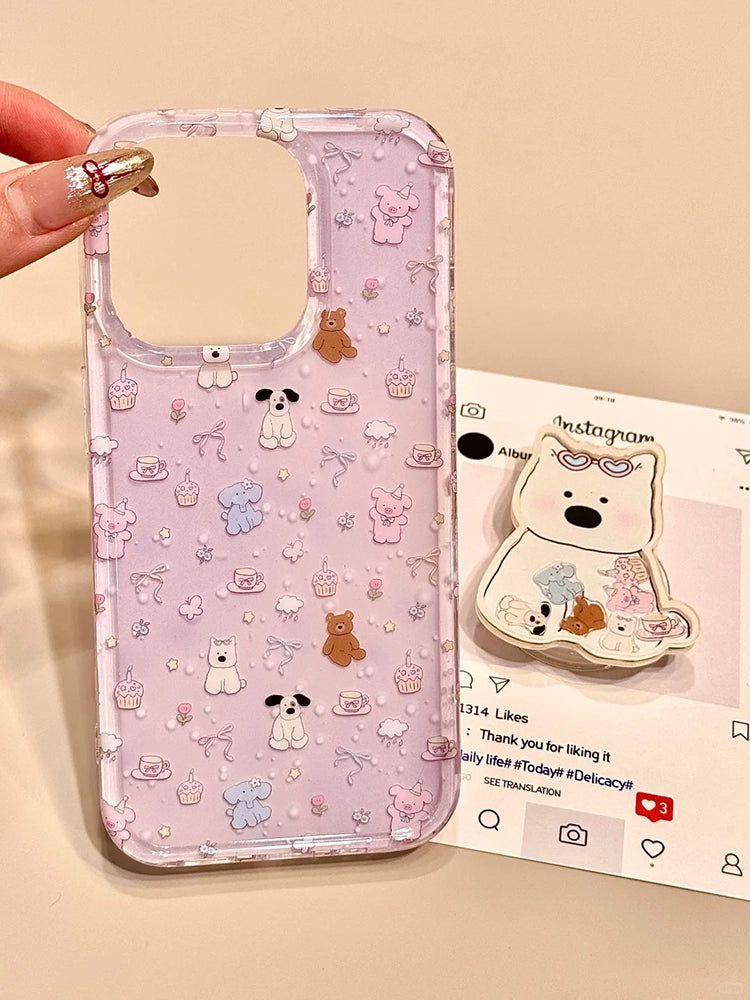 Cute Purple Bottom Small Animal Dog Bracket Aesthetic Mobile Phone Case Suitable for iPhone16 iPhone15 iPhone14 iPhone13