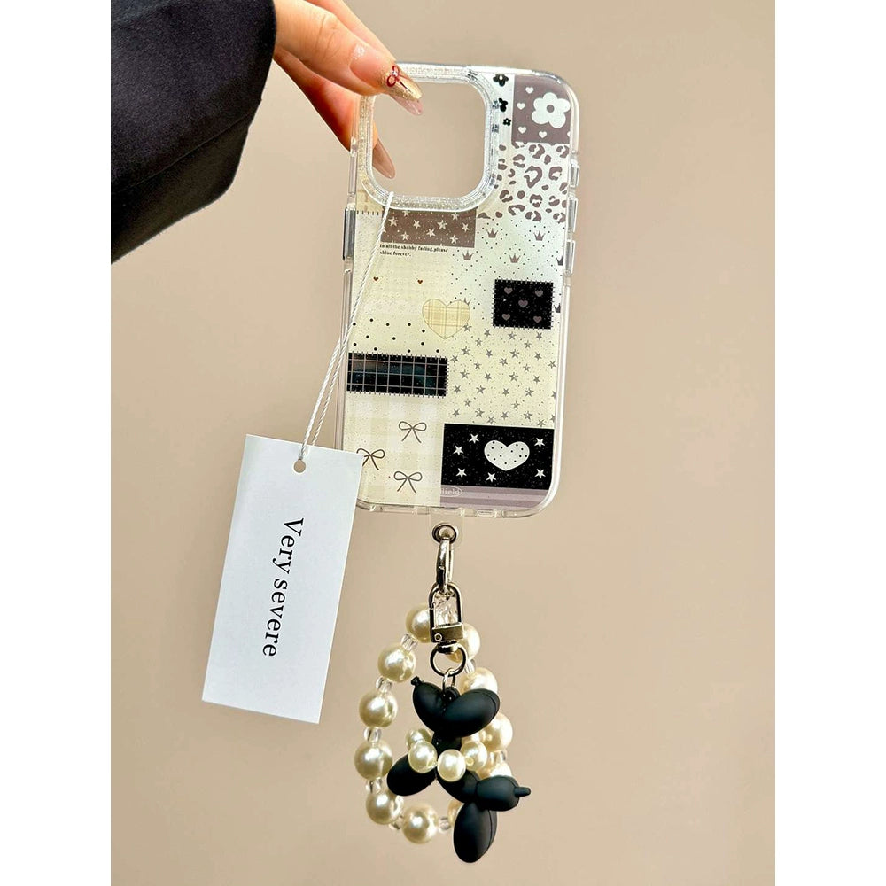 Black and White Grid Splicing Love Cute Sweet Aesthetic Mobile Phone Case with Mobile Phone Chain Pendant Suitable for iPhone16 iPhone15 iPhone14 iPhone13