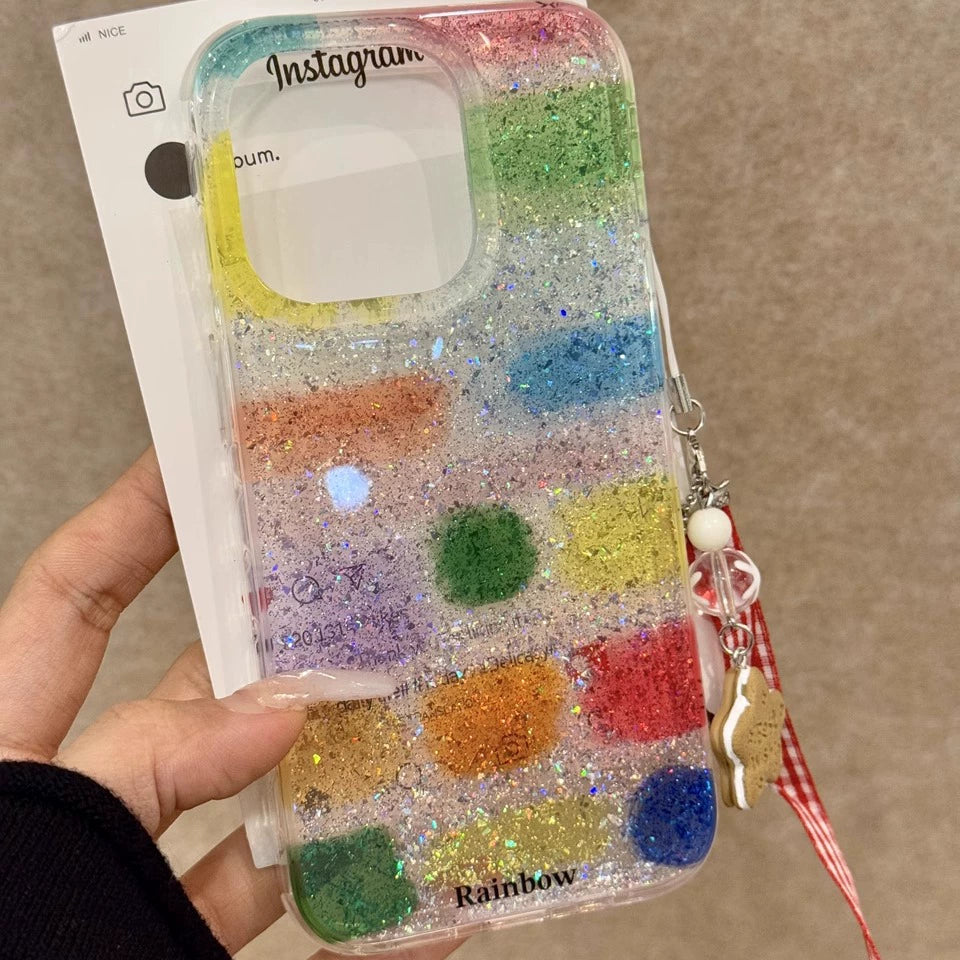 Translucent Glitter Square Color Block Rainbow Color Art Aesthetics Mobile Phone Case with Mobile Phone Chain Pendant Suitable for iPhone16 iPhone15 iPhone14 iPhone13