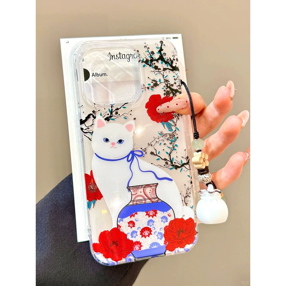 Red Flower Porcelain Vase Cat Money Bag Pendant Cute Aesthetic Phone Case Suitable for iPhone16 iPhone15 iPhone14 iPhone13