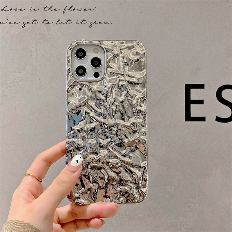 Silver Glossy Crepe Corrugated Phone Case Suitable for iPhone16 iPhone15 iPhone14 iPhone13