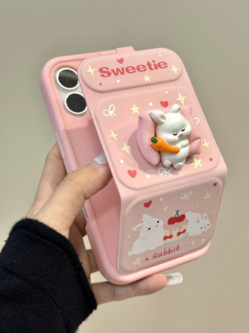 Star Three-dimensional Rabbit Cat Cute Flip Foldable Support Mobile Phone Case Suitable for iPhone16 iPhone15 iPhone14 iPhone13