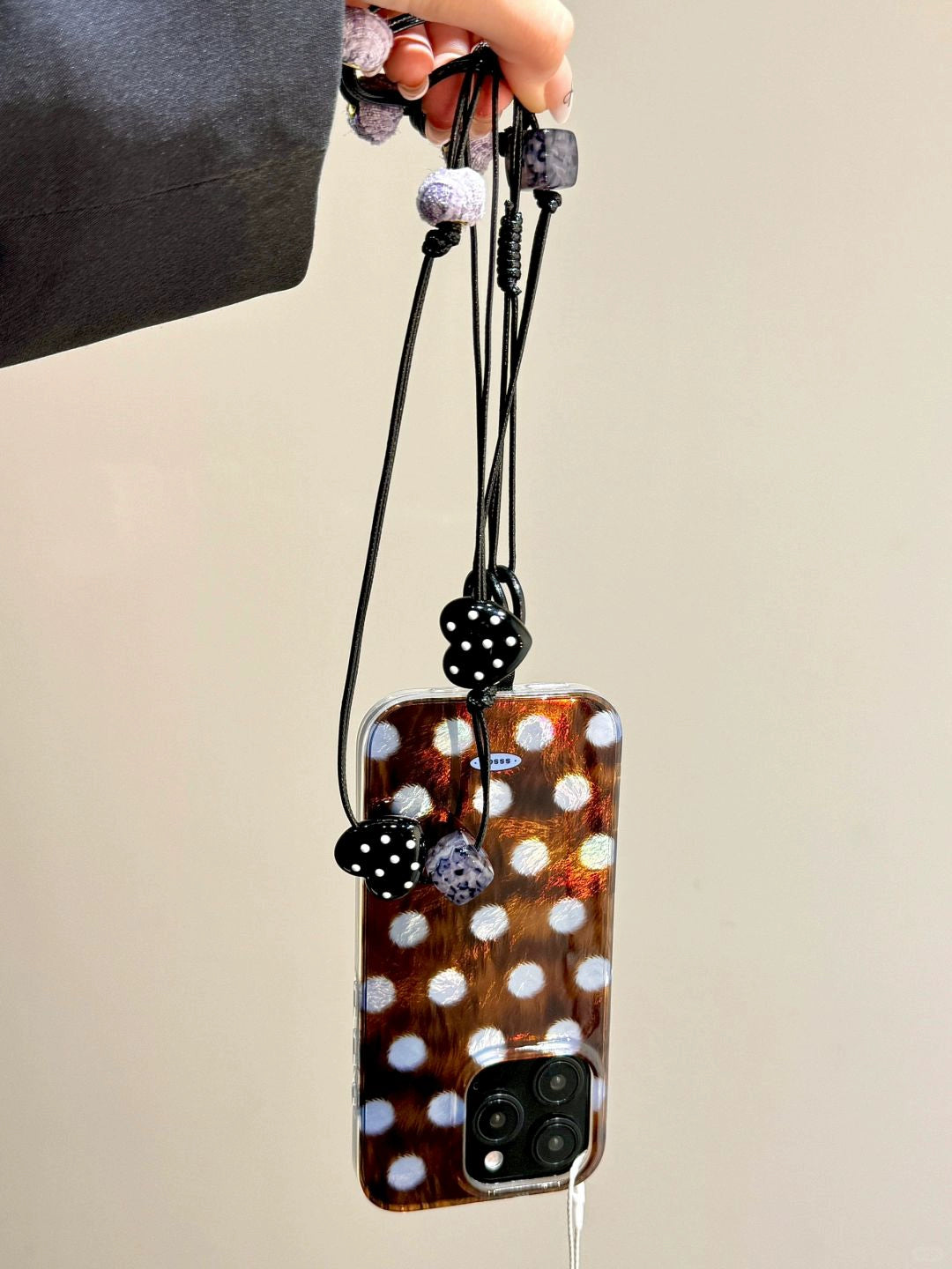 Dark Brown Full-screen Polka Dot Mobile Phone Case with Mobile Phone Chain Pendant Suitable for iPhone16 iPhone15 iPhone14 iPhone13