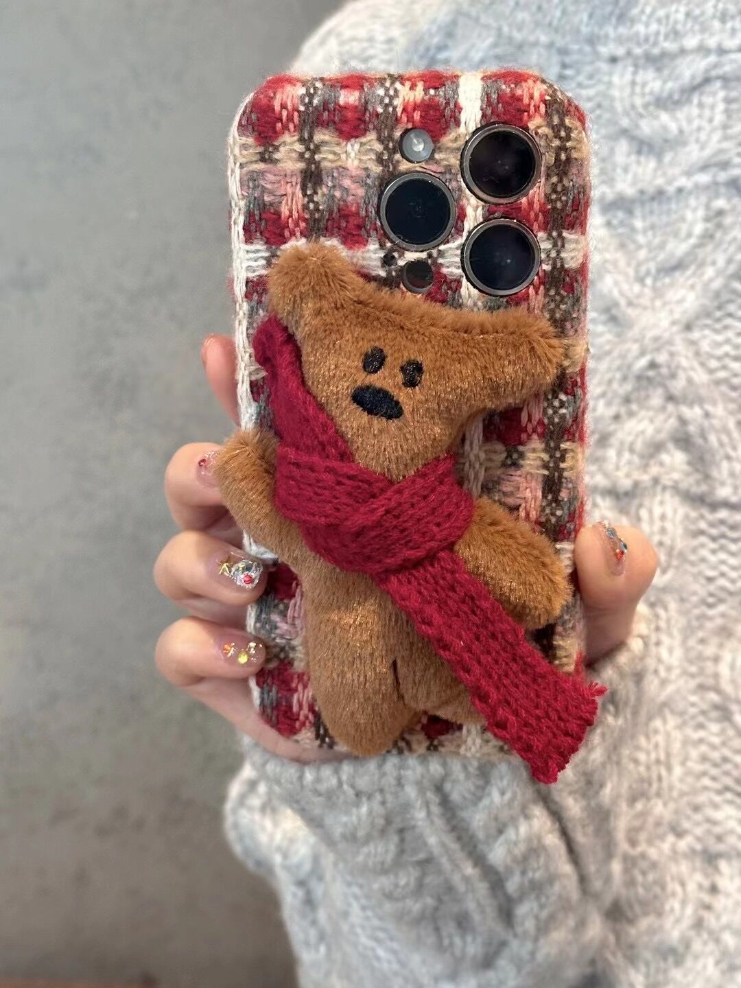 Plush Plaid Red Scarf Teddy Bear Cute Phone Case Suitable for iPhone16 iPhone15 iPhone14 iPhone13