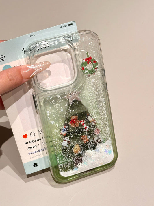 Snowflake Quicksand Green Smudge Christmas Tree Snow Mobile Phone Case Suitable for iPhone16 iPhone15 iPhone14 iPhone13