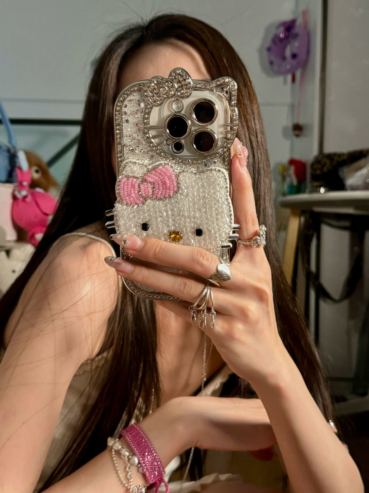 Shiny Full Diamond Cat Cat Electroplating Cute Aesthetic Mobile Phone Case, Cute Sweet Girl Suitable for iPhone16 iPhone15 iPhone14 iPhone13