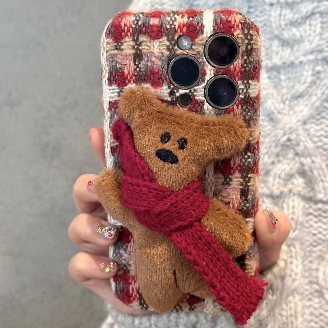 Plush Plaid Red Scarf Teddy Bear Cute Phone Case Suitable for iPhone16 iPhone15 iPhone14 iPhone13