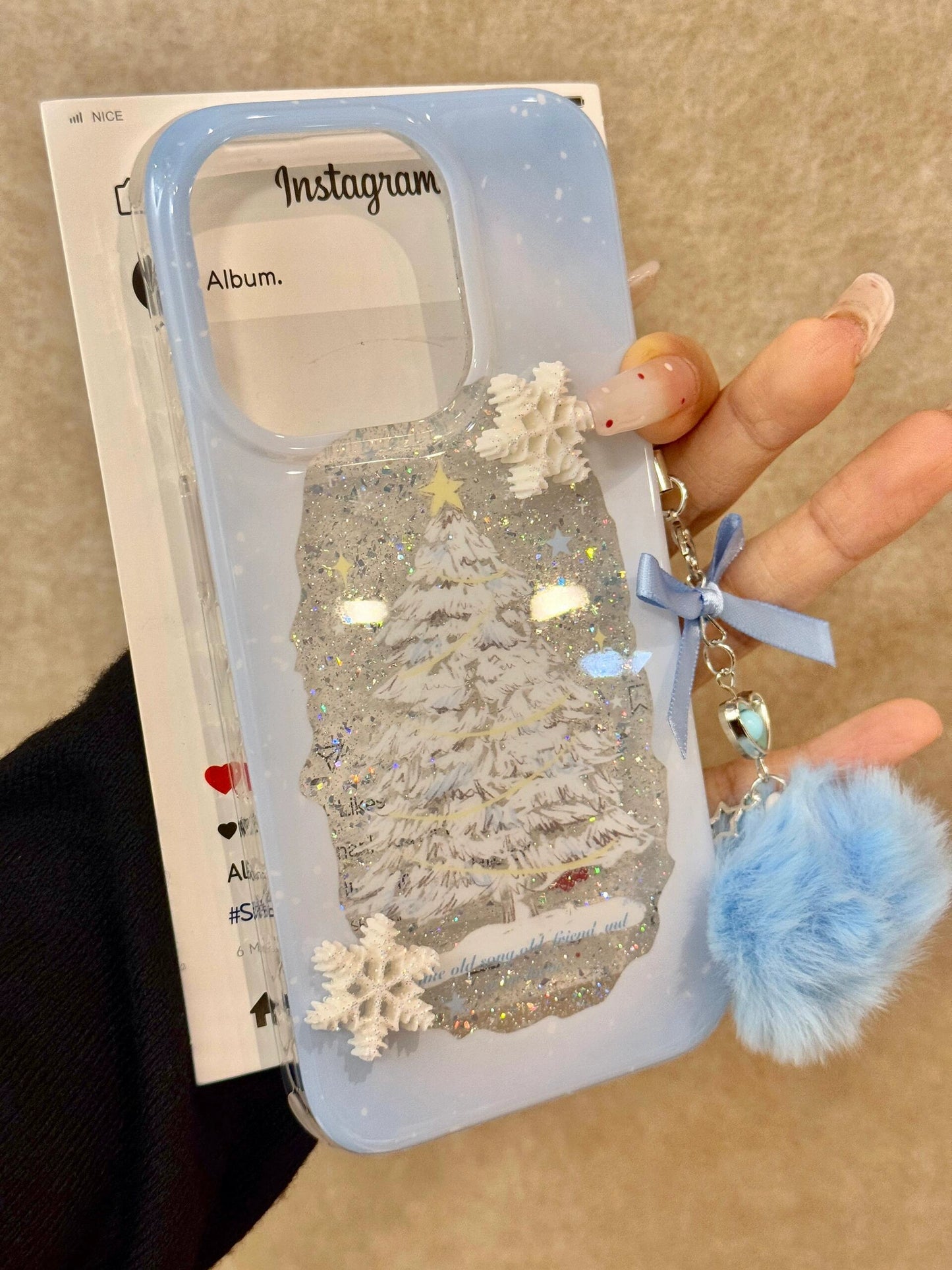 Hollow Sequined Snowflake Christmas Tree Illustration Blue Soft Sweet Girl Aesthetic Phone Case Suitable for iPhone16 iPhone15 iPhone14 iPhone13