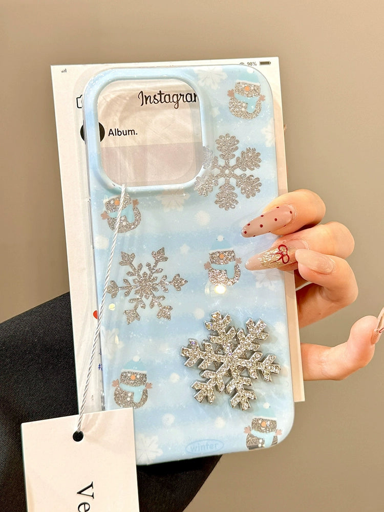 Smudge Blue Hollow Glitter Three-dimensional Snowflake Aesthetic Mobile Phone Case Suitable for iPhone16 iPhone15 iPhone14 iPhone13