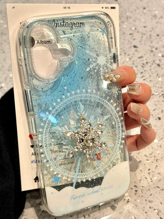 Blue Gradual Change Ferris Wheel Rotating Snowflake Translucent Aesthetic Phone Case Suitable for iPhone16 iPhone15 iPhone14 iPhone13