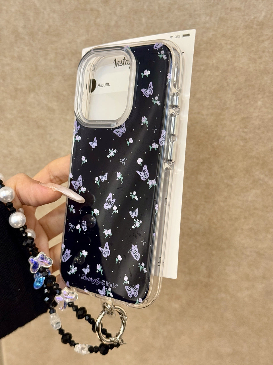 Korean Polka Dot Purple Butterfly Black Background Art Aesthetics Mobile Phone Case with Mobile Phone Chain Pendant, Soft and Sweet Girl Suitable for iPhone16 iPhone15 iPhone14 iPhone13