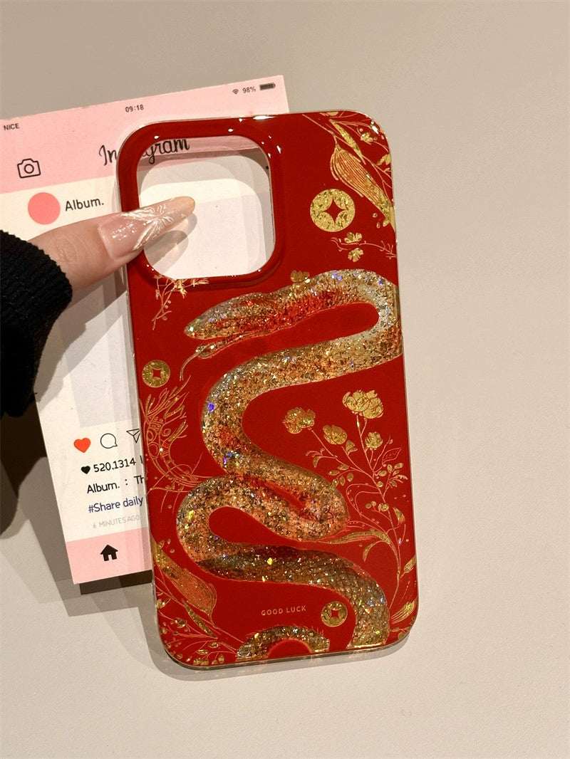 Chinese Style Red Background Gold Foil Floral Snake Year of The Snake Lucky Aesthetics Mobile Phone Case with Mobile Phone Chain Pendant Suitable for iPhone16 iPhone15 iPhone14 iPhone13