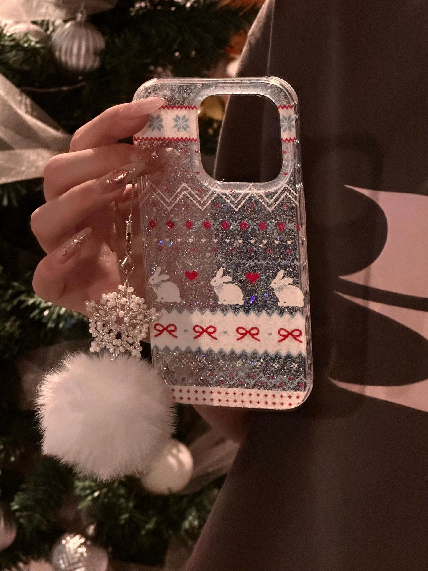 Cute Christmas Wind Transparent Glitter Bow Rabbit Glitter Aesthetic Mobile Phone Case Suitable for iPhone16 iPhone15 iPhone14 iPhone13