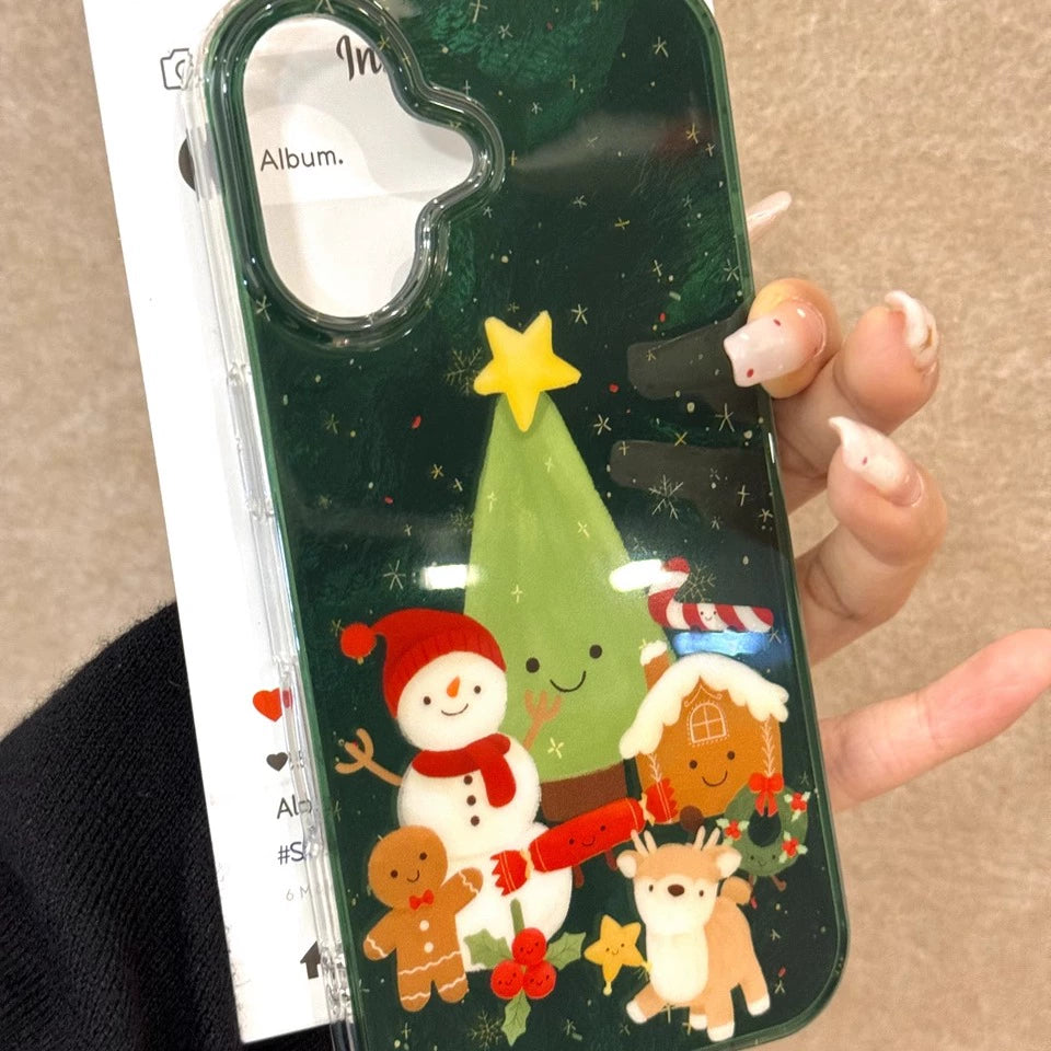 Elk Snowman Christmas Tree Gingerbread Man Green Bottom Snowflake Cute Aesthetic Phone Case Suitable for iPhone16 iPhone15 iPhone14 iPhone13