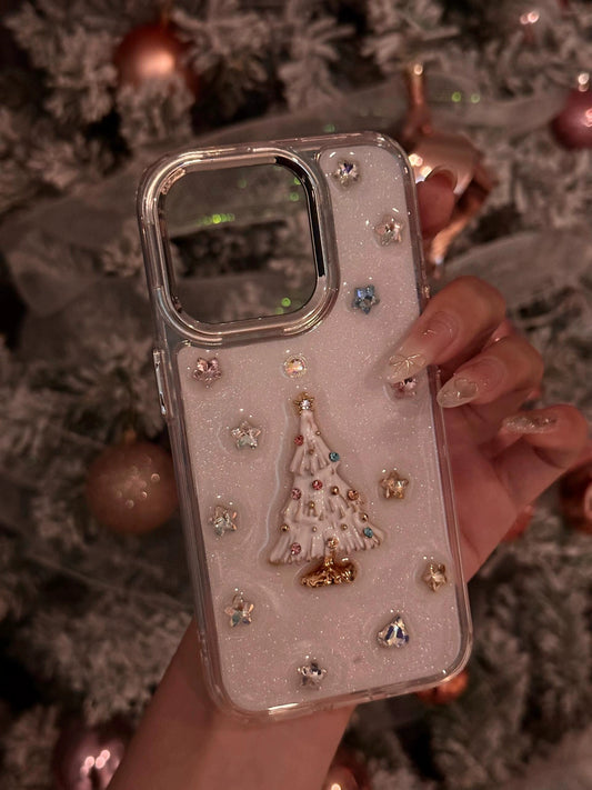 Epoxy White Glitter Christmas Tree Sweet Girl Aesthetic Phone Case Suitable for iPhone16 iPhone15 iPhone14 iPhone13