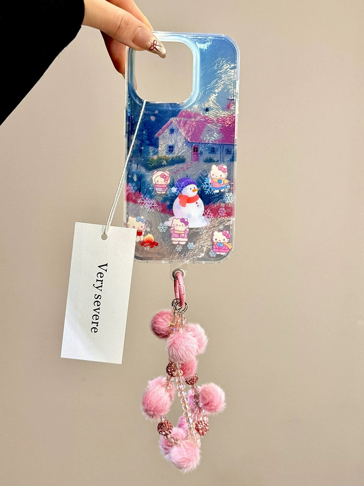 Cute Pink House Snowman Cat Cat Snowflake Hairball Chain Aesthetic Phone Case Suitable for iPhone16 iPhone15 iPhone14 iPhone13