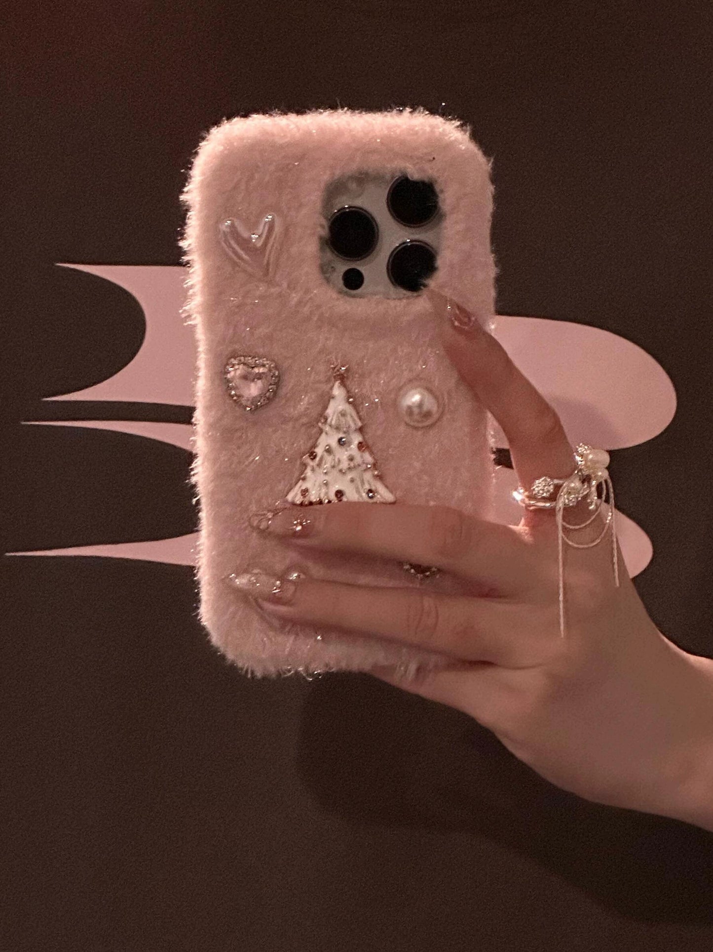 Plush Three-dimensional Flash Diamond Love Christmas Tree Pink Aesthetic Mobile Phone Case Suitable for iPhone16 iPhone15 iPhone14 iPhone13